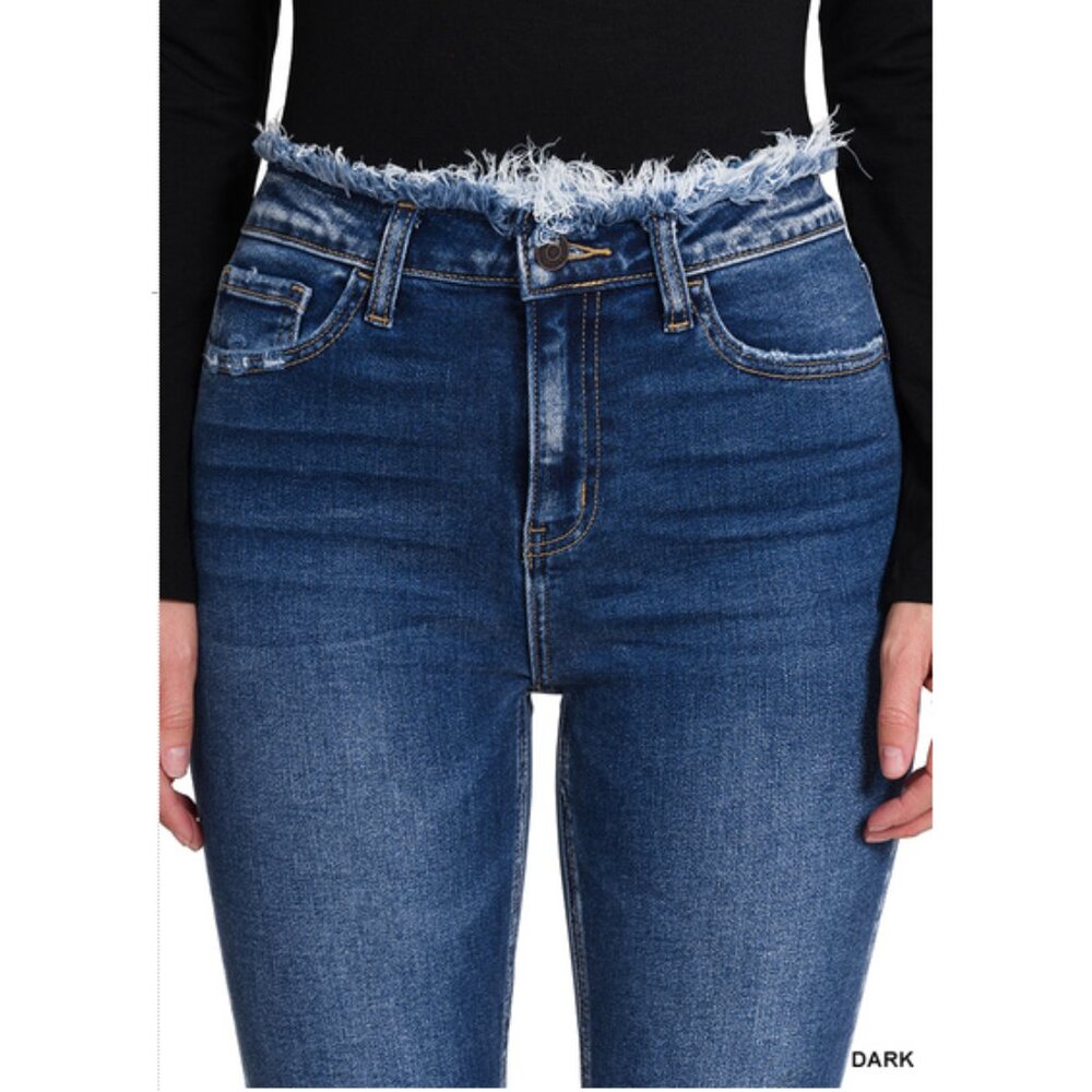 NWT FRAYED EDGED WAIST FLARE DENIM PANTS W SIDE SLITS - Picture 4 of 4